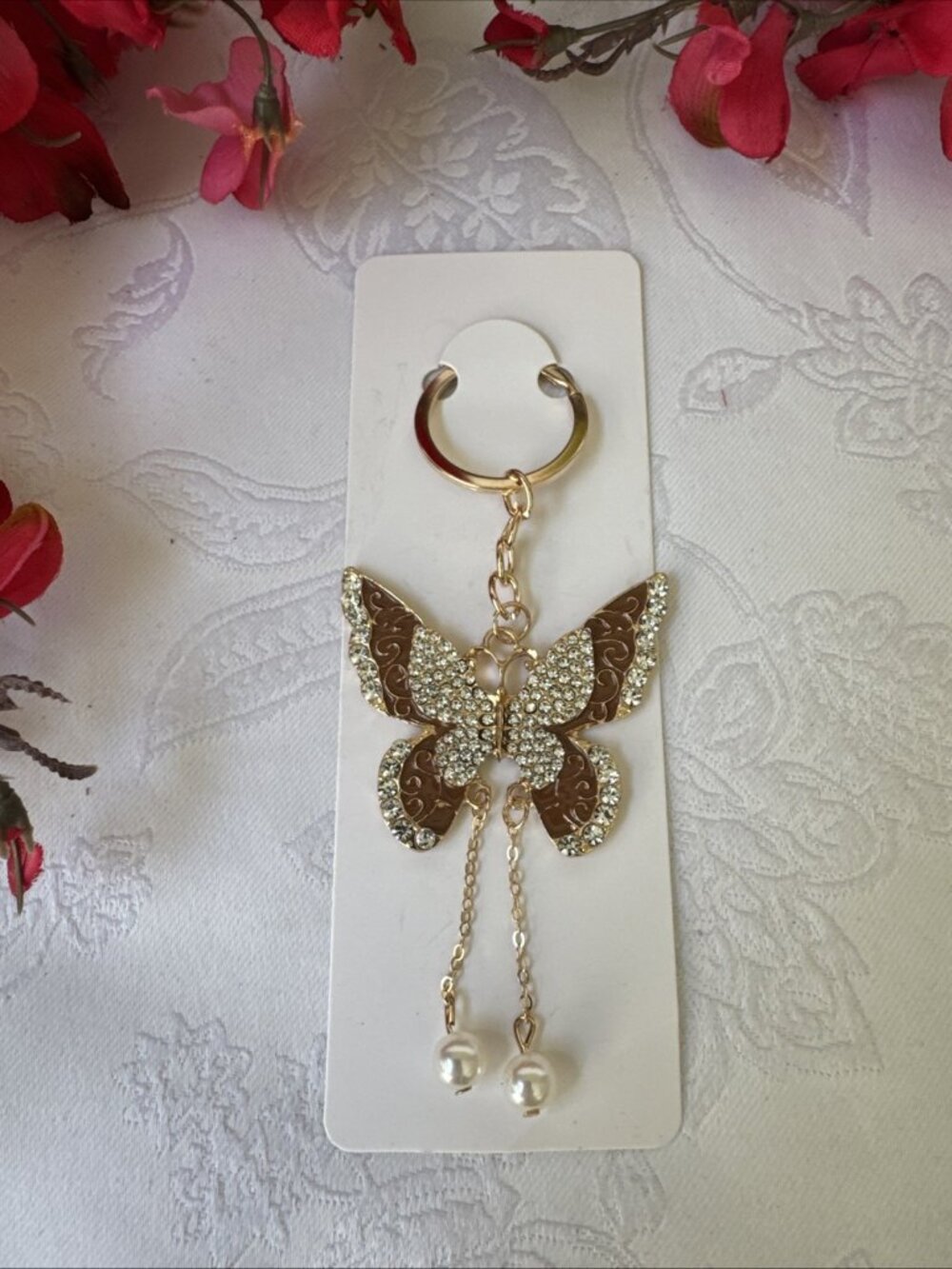 Bag Keychain Caramel Gold Butterfly Rhinestone Bag Charm Pearl Keyring NEW